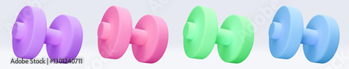 Blue, green, pink, purple, violet Dumbbell Realistic icon, 3d render. Isolated on white backround. Sport And Fitness design set. Vector illustration for shop, flyer, banner, web, advertising, sale