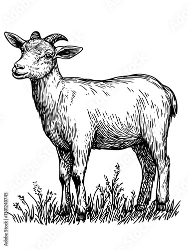 Vector engraving illustration of a goat standing in grass for product design inspiration