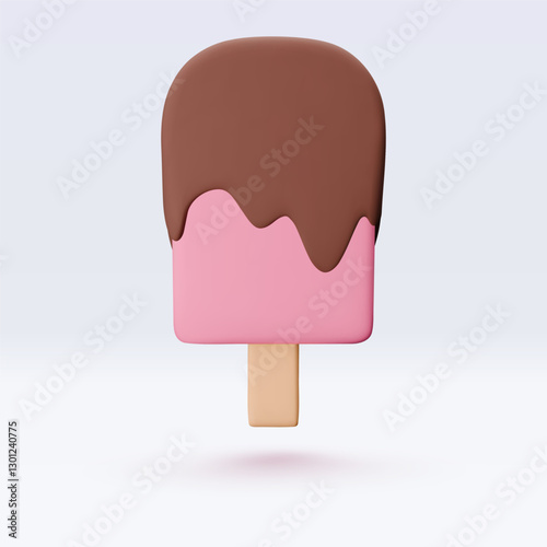 Ice cream with chokolate glaze, pink icon, 3d render. Design elements. Realistic fast food icon. Sweet food. Vector illustration isolated on white for menu, shop, flyer, banner, web, adv, sale