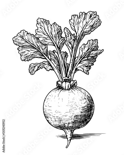 Vector engraved illustration of a turnip with detailed leaves for product design and botanical use