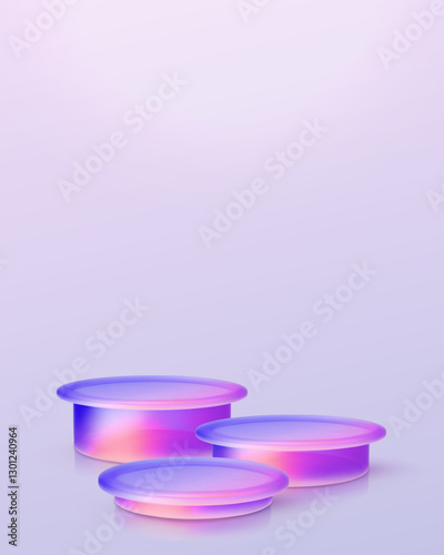 3d iridescent hologram disk, coin, podium, pedestal. Render figure with purple, pink, blue colors. Vector illustration isolated on white for design projects, product display, presentation, adv