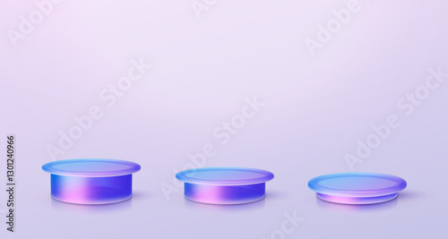 3d iridescent hologram disk, coin, podium, pedestal. Render figure with purple, pink, blue colors. Vector illustration isolated on white for design projects, product display, presentation, adv