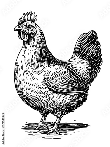 Vector engraved illustration of a chicken for product design in livestock themes