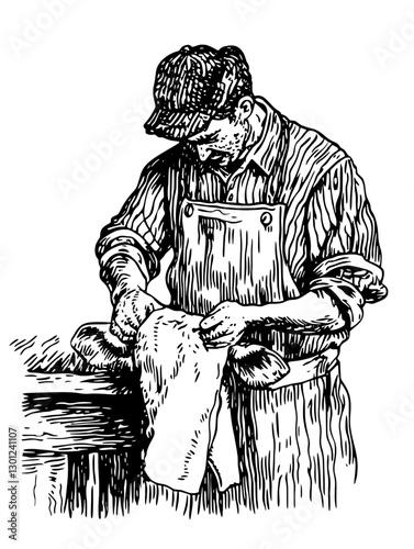 Detailed vector engraved illustration of a craftsman working with leather in a workshop setting
