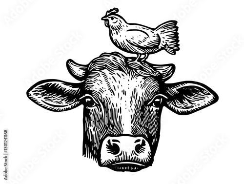 Creative vector engraving of a cow with a chicken balanced on its head for modern product design