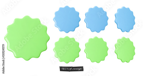 Set stickers, badges mockup. Blank labels of circle shapes with wavy edge. Vector illustration isolated on white. Copy space. Stickers or patches for preview tags, labels, design, presentation, adv