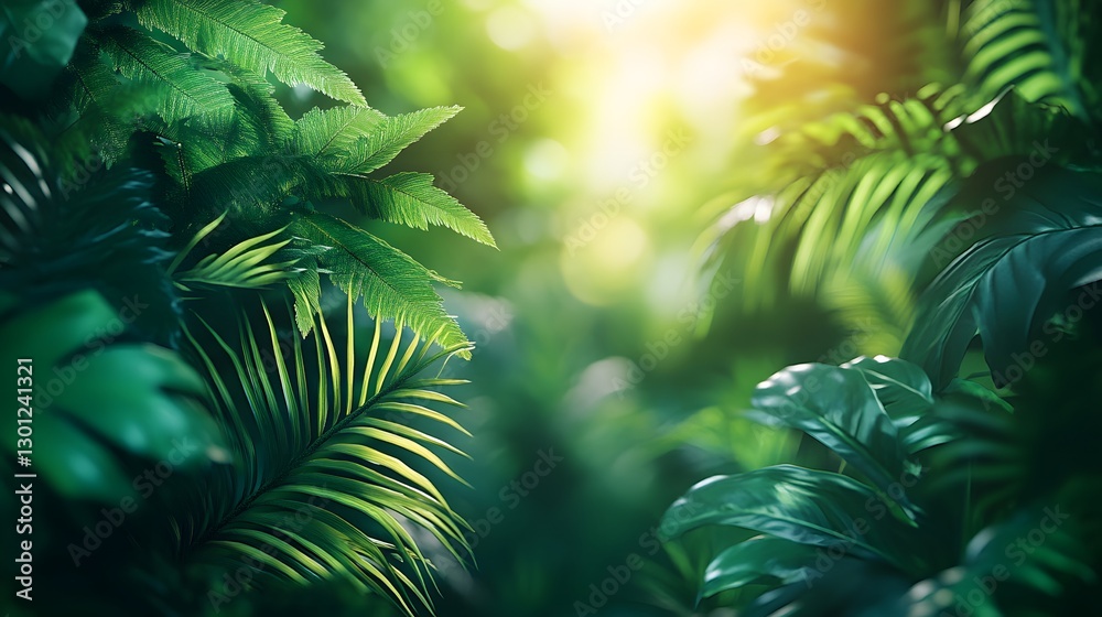 Obraz premium A Serene Tropical Paradise Filled with Lush Greenery, Vibrant Palms, and Exotic Ferns