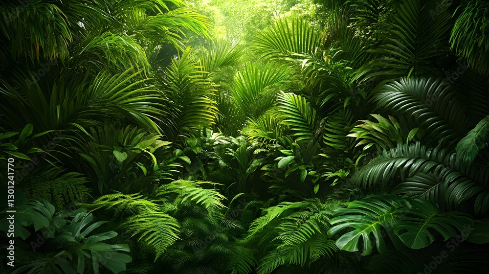 A Serene Tropical Paradise Filled with Lush Greenery, Vibrant Palms, and Exotic Ferns A Serene Tropical Paradise Filled with Lush Greenery, Vibrant Palms, and Exotic Ferns