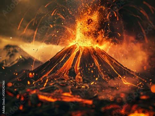 Imagination of a Volcano eruption near Santorini island. A dramatic scene unfolds as lightning strikes a violently erupting volcano.