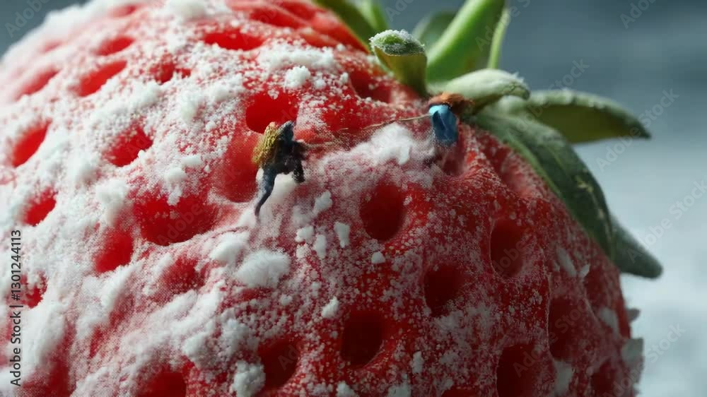 Hyperrealistic close-up of a giant strawberry covered in sugar, where tiny rock climbers equipped with ropes and harnesses scale its surface, leaving trails in the sugar crystals.