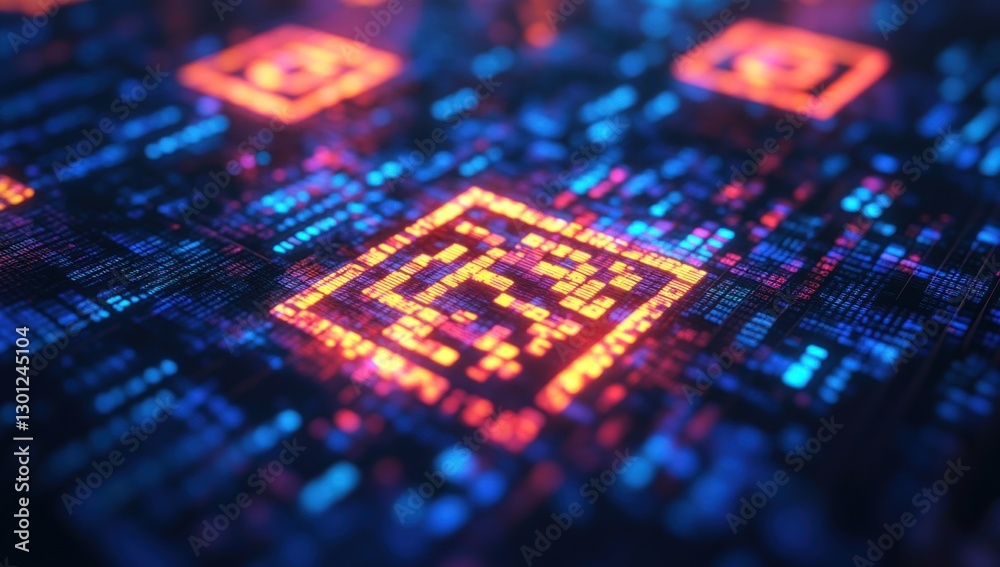 Glowing digital circuit board with integrated microchips. Glowing digital circuit board with integrated microchips.