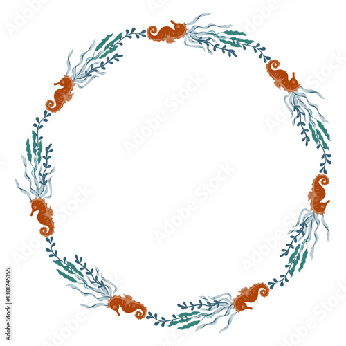 Wreath with seahorse and seaweed, algae, sea horse