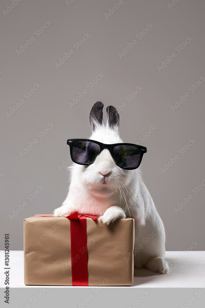 white rabbit with glasses and gift. Easter bunny