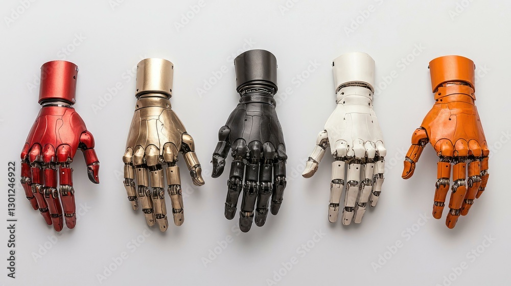 A collection of five unique artistic hands in various colors, including red, gold, black, white, and orange, displayed against a plain background, showcasing creativity and craftsmanship.