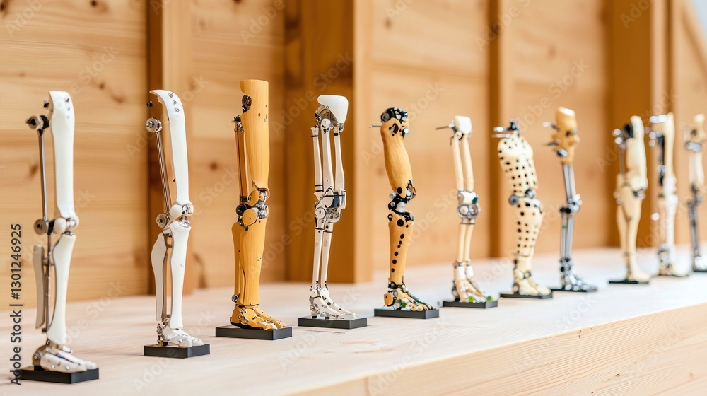 A diverse collection of prosthetic legs displayed on a shelf in a modern wooden interior, showcasing innovative design and technology for enhanced mobility and support for amputees.