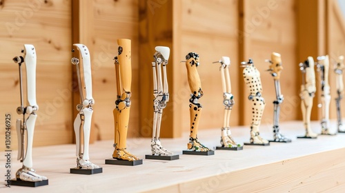 A diverse collection of prosthetic legs displayed on a shelf in a modern wooden interior, showcasing innovative design and technology for enhanced mobility and support for amputees.