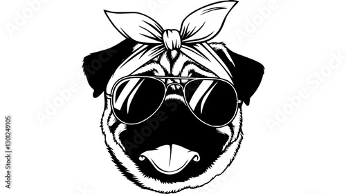 Minimalist Pug Logo with Sunglasses and Bandana Generative AI
