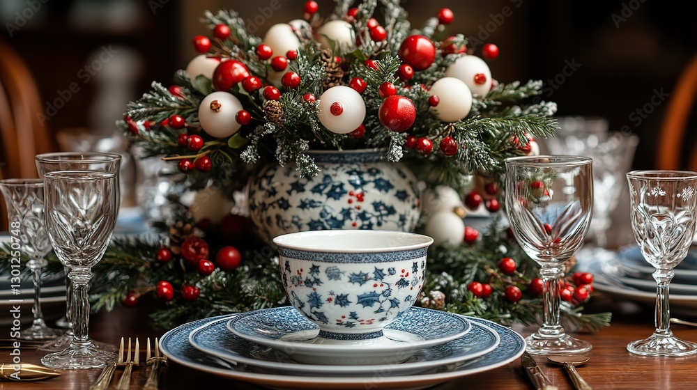 Adorned table settings, a gift box, baubles, winter twigs, and holly berries create a Christmas themed dining arrangement. Adorned table settings, a gift box, baubles, winter twigs, and holly berries create a Christmas themed dining arrangement.