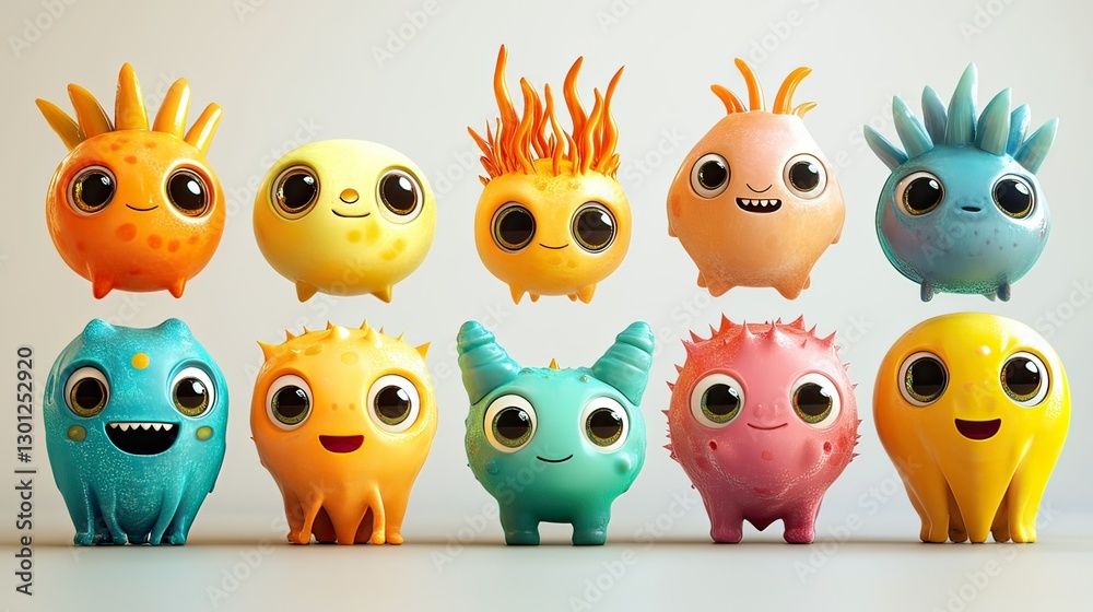 Fototapeta premium Cartoon characters of pathogens, viruses, and bacteria, each with cute faces and big eyes, designed x