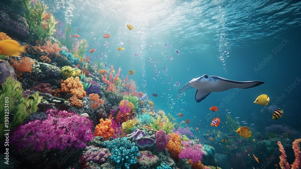 Fototapeta premium A vibrant underwater landscape with a manta ray gliding over colorful coral reefs in a sunlit ocean
