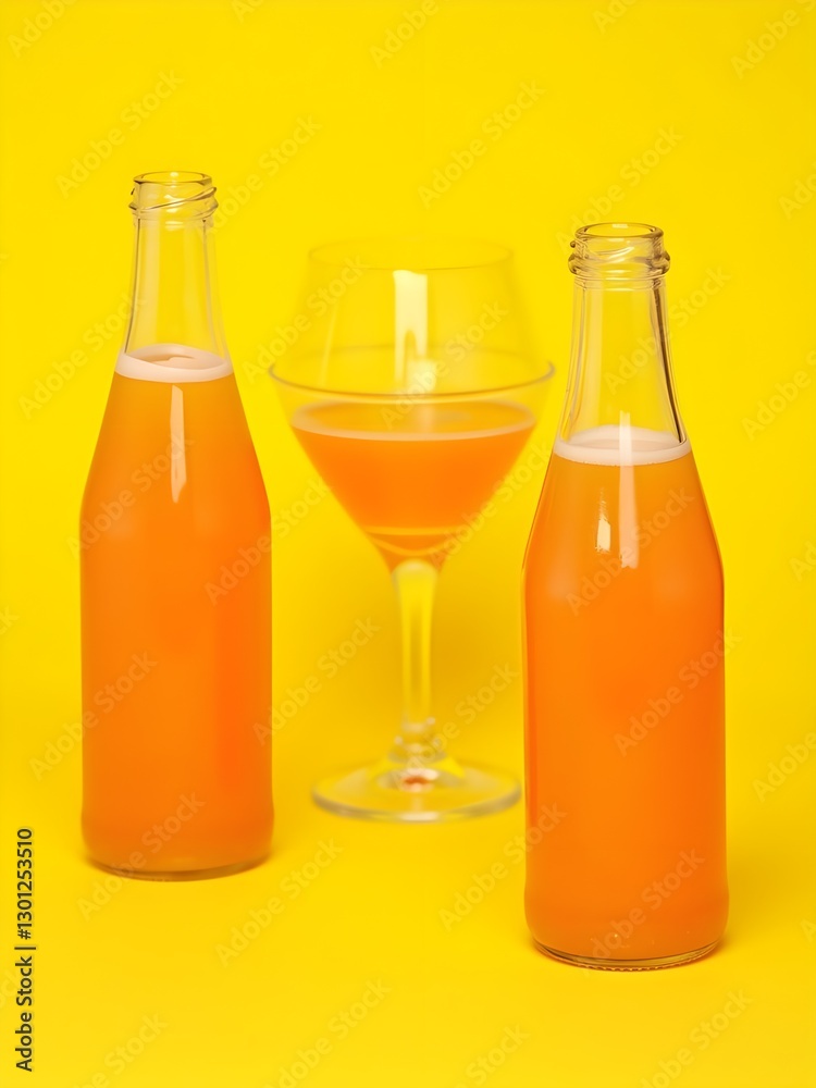 Three Bottles of Orange Liquid with White Cap and Bright Yellow Background Three Bottles of Orange Liquid with White Cap and Bright Yellow Background