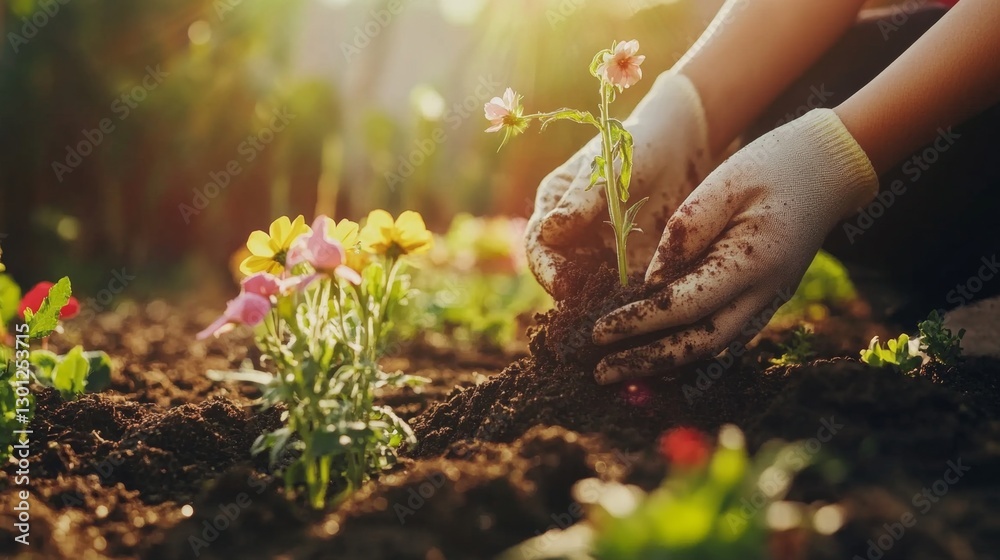 Fototapeta premium mother and daughter gardening together in a backyard, planting flowers, soil on their hands, warm sunlight