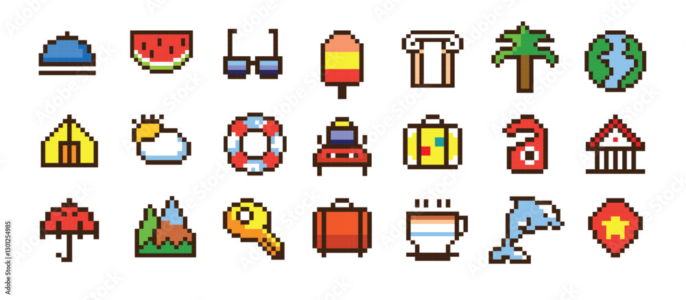 Pixel travel icons set with colorful symbols of tourism and vacation destinations in a minimalistic styleand isolated on a white background. Vector.