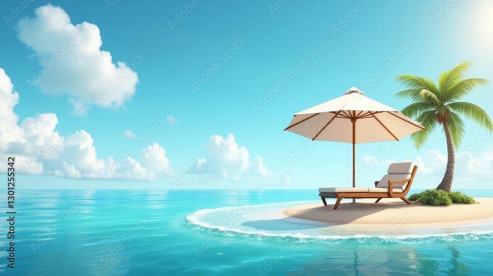 Fototapeta premium beach umbrella and lounge chair on island with clear blue ocean in the background