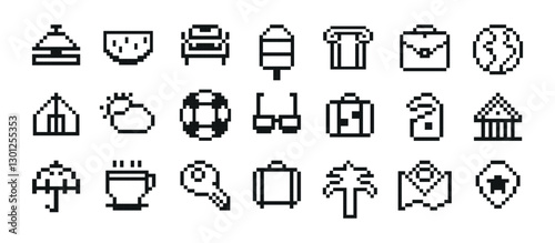 Pixel travel icons set featuring black and white symbols of tourism and vacation destinations in a minimalistic style, isolated on a white background. Vector illustration.