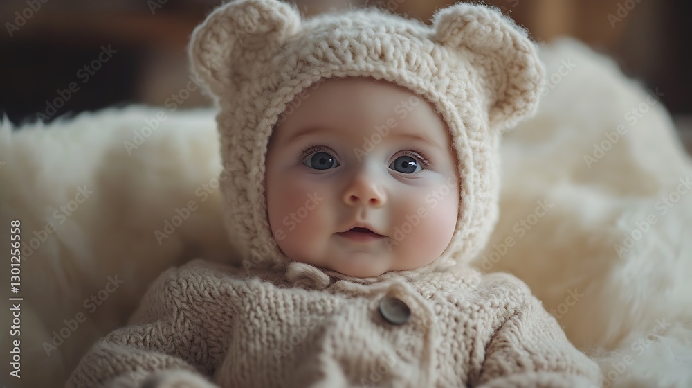 Baby in bear hat indoor, soft background Baby in bear hat indoor, soft background