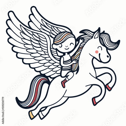 Whimsical Pegasus Ride – Cute Child Flying on a Winged Horse Vector

