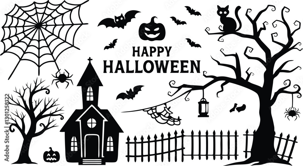 Fototapeta premium Set of Halloween silhouettes black icon and character SVG. Vector illustration with Isolated on white background.