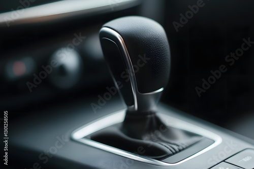 Gear shift of a car, showcasing interior design and functionality, emphasizing control and the driving experience. Automotive detail, precision engineering.