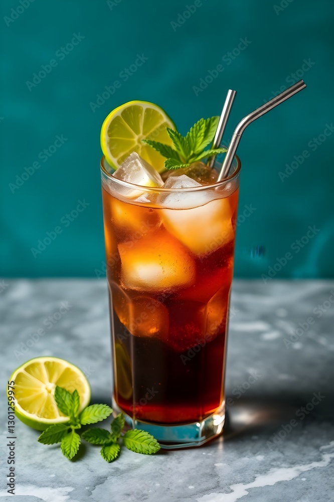Fototapeta premium Refreshing Iced Cola with Lime and Mint – Chilled Summer Beverage in a Tall Glass with Metal Straw