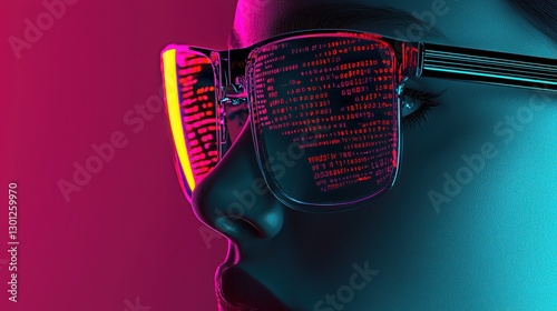 Futuristic glasses illuminated with vibrant colors and digital patterns against a dark backdrop.
