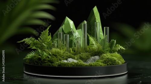 A modern miniature landscape with green crystals and lush ferns in a circular base.
