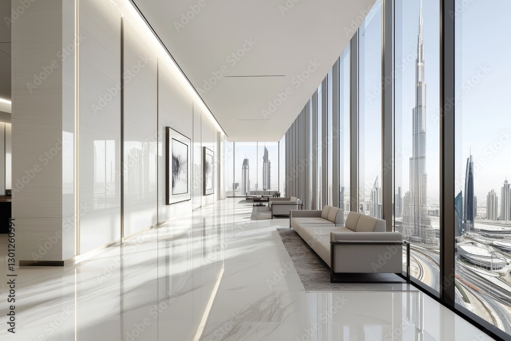Contemporary office lounge with modular gray sofas, warm accent walls, and natural lighting, emphasizing corporate elegance and comfort Contemporary office lounge with modular gray sofas, warm accent walls, and natural lighting, emphasizing corporate elegance and comfort