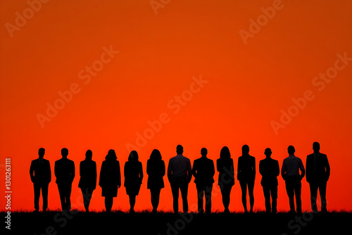 Group silhouettes against a vibrant sunset symbolize unity and collaboration among diverse individuals in a tranquil setting