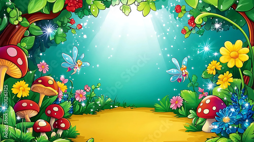 Enchanting fairy garden scene with colorful flowers, mushrooms, and magical creatures copy space
