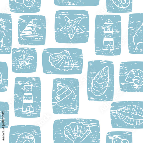 Various sea elements, shells, lighthouse, ship. Pattern with abrasions. Seamless pattern