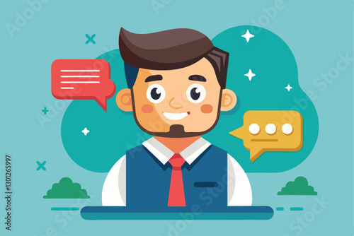 A cheerful cartoon character is depicted with speech bubbles, suggesting a lively conversation, Opinion Customizable Cartoon Illustration