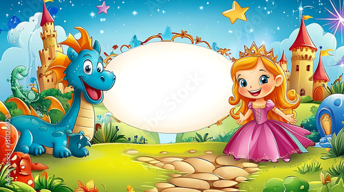 Charming fairy tale scene with a princess, friendly dragon, and a blank space for text copy space
