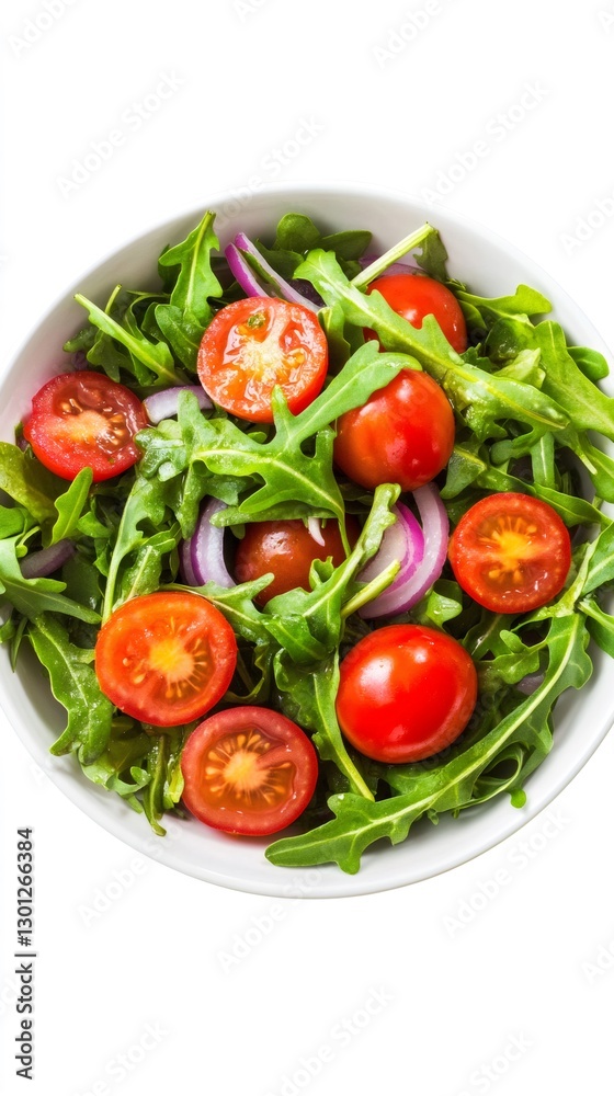 Fresh arugula salad featuring cherry tomatoes, red onion rings, highlighting nutritious eating and wellness lifestyle Fresh arugula salad featuring cherry tomatoes, red onion rings, highlighting nutritious eating and wellness lifestyle