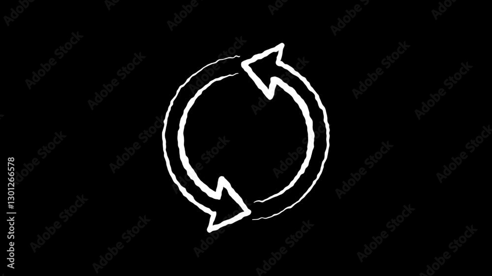 Hand drawn restore icon or refresh icon loop animation sketch doodle style recycle icon 4k animation on black background