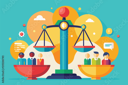 A colorful illustration features a balance scale with people debating their views in a contemporary atmosphere, Opinion Customizable Semi Flat Illustration