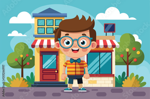 A young boy happily poses outside a vibrant optical shop surrounded by trees under a clear sky, Optical shop Customizable Cartoon Illustration