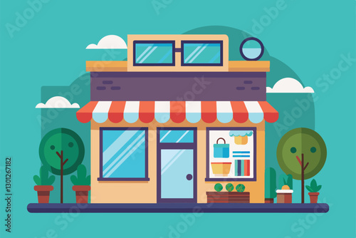 A welcoming optical shop features a colorful striped awning, large windows, and greenery outside, ready for shoppers, Optical shop Customizable Flat Illustration
