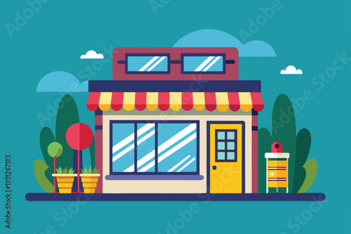 The illustration depicts a colorful optical shop with large windows, a striped awning, and nearby greenery, Optical shop Customizable Flat Illustration