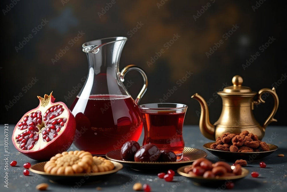 Fototapeta premium Opulent Ramadan Still Life A warm and inviting display of pomegranate juice, dates, and traditional Middle Eastern tea