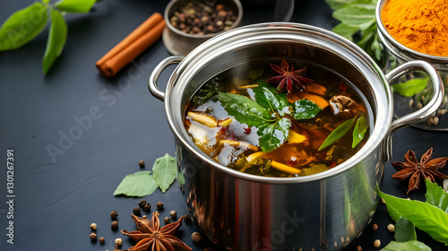 Freshly boiled kadha (herbal decoction) with fresh ingredients in a stainless steel pot surrounded by ayurvedic spices and herbs.
